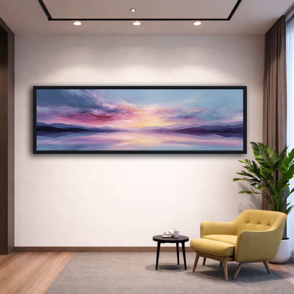 Pastel Purple Sunset Lake canvas wall art, black floating frame
