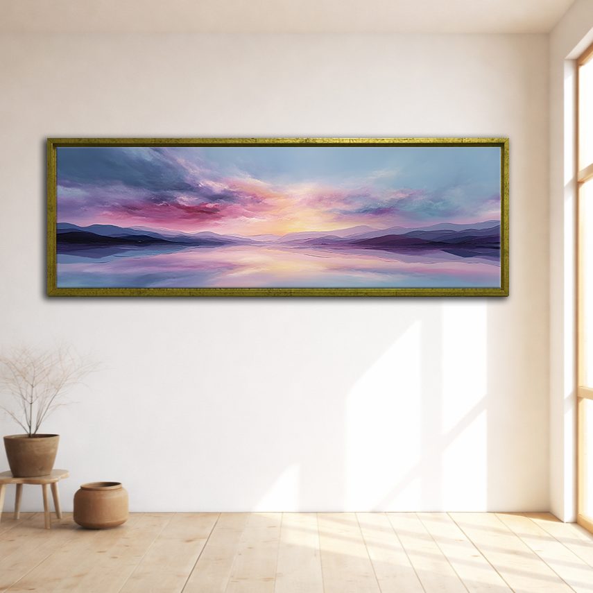 Pastel Purple Sunset Lake canvas wall art, gold floating frame