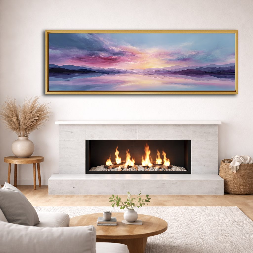 Pastel Purple Sunset Lake canvas wall art, natural wood floating frame