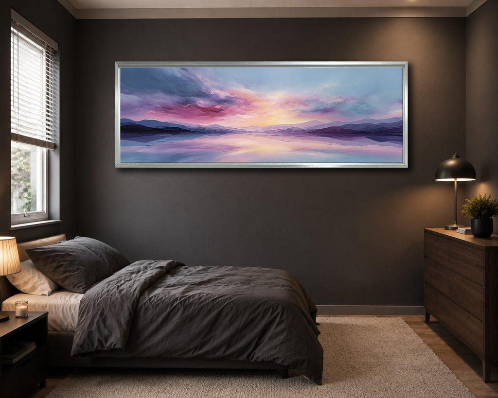 Pastel Purple Sunset Lake canvas wall art, silver floating frame