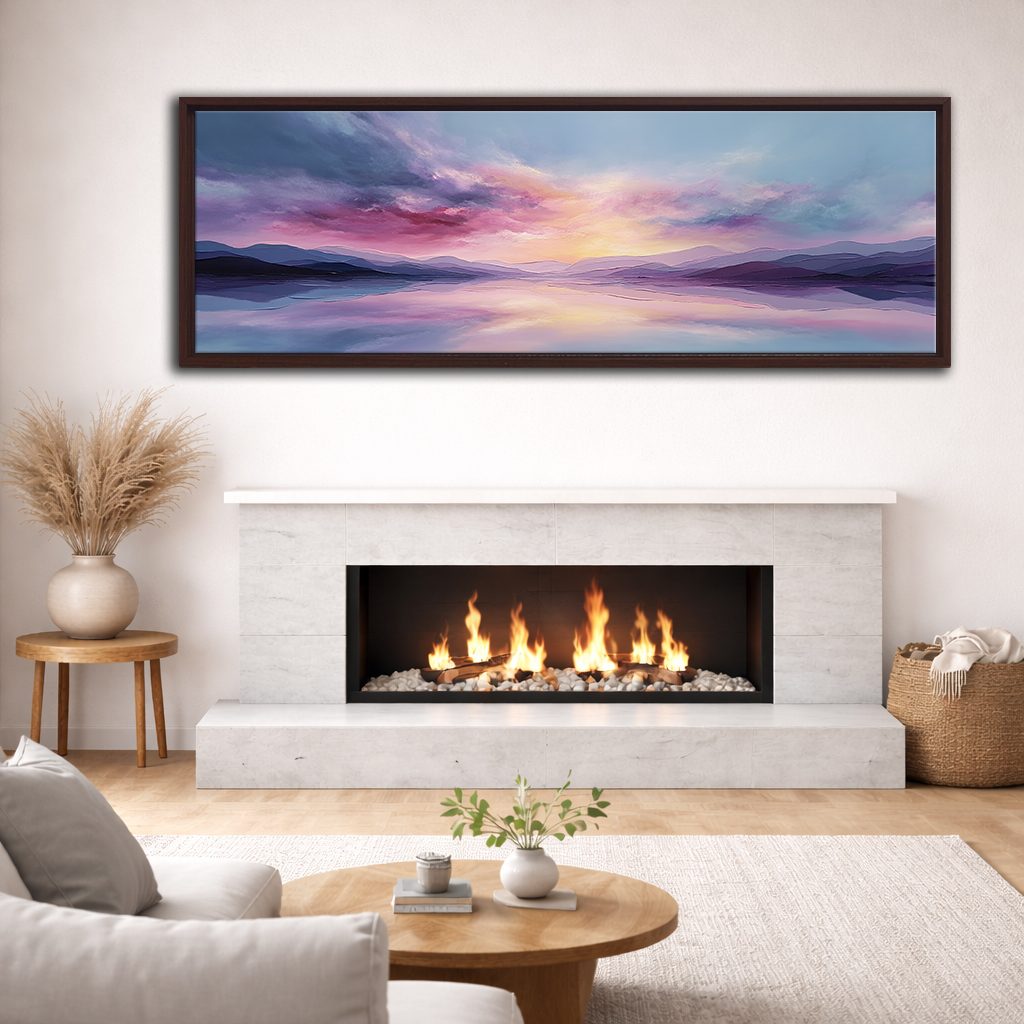 Pastel Purple Sunset Lake canvas wall art, walnut floating frame