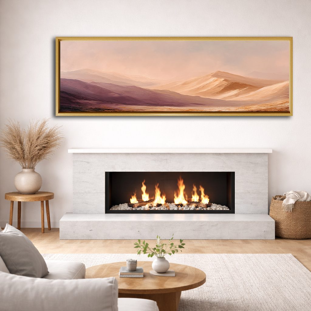 Peach Desert Sand Dunes canvas wall art, natural wood floating frame