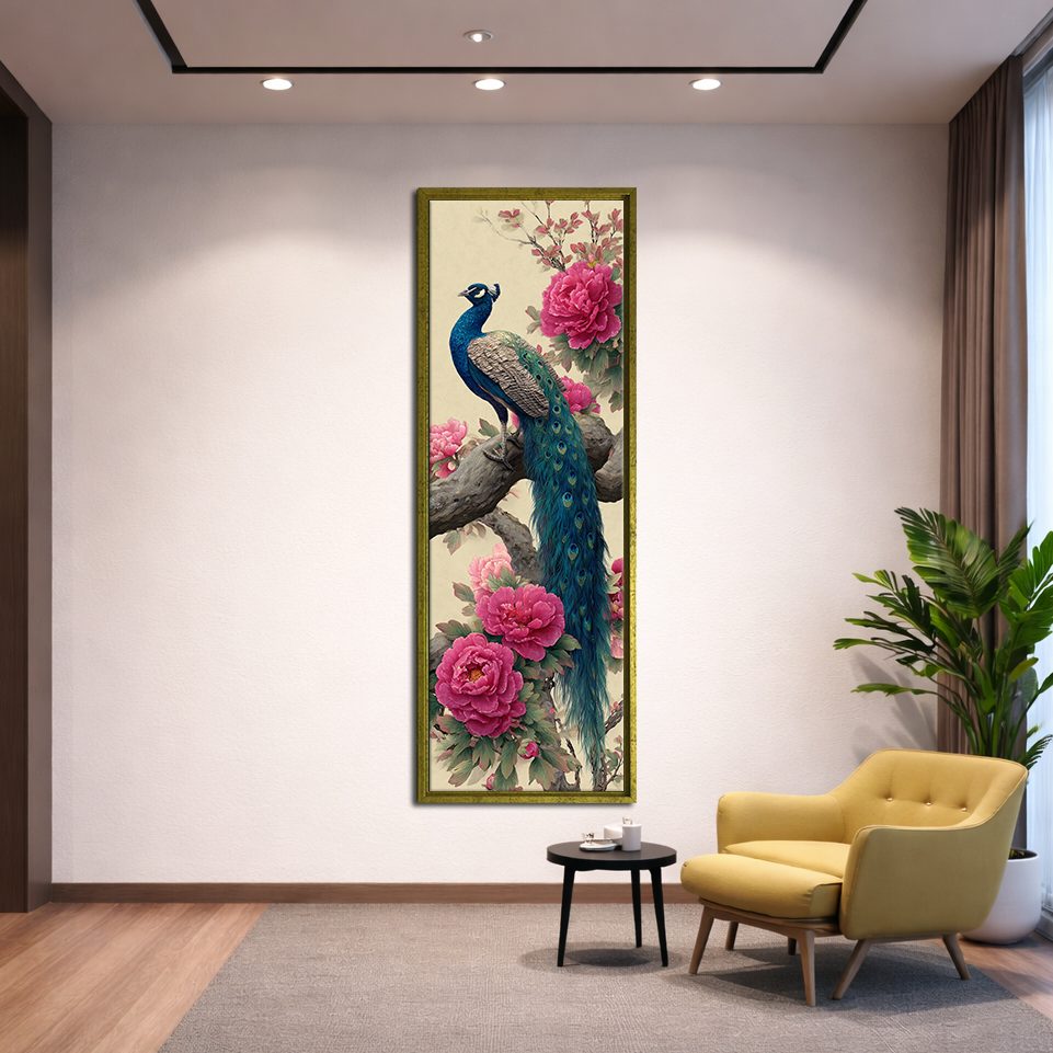 Peacock and Pink Peonies canvas wall art, gold floating frame