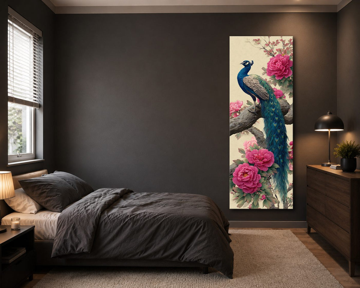 Peacock and Pink Peonies canvas wall art, unframed canvas