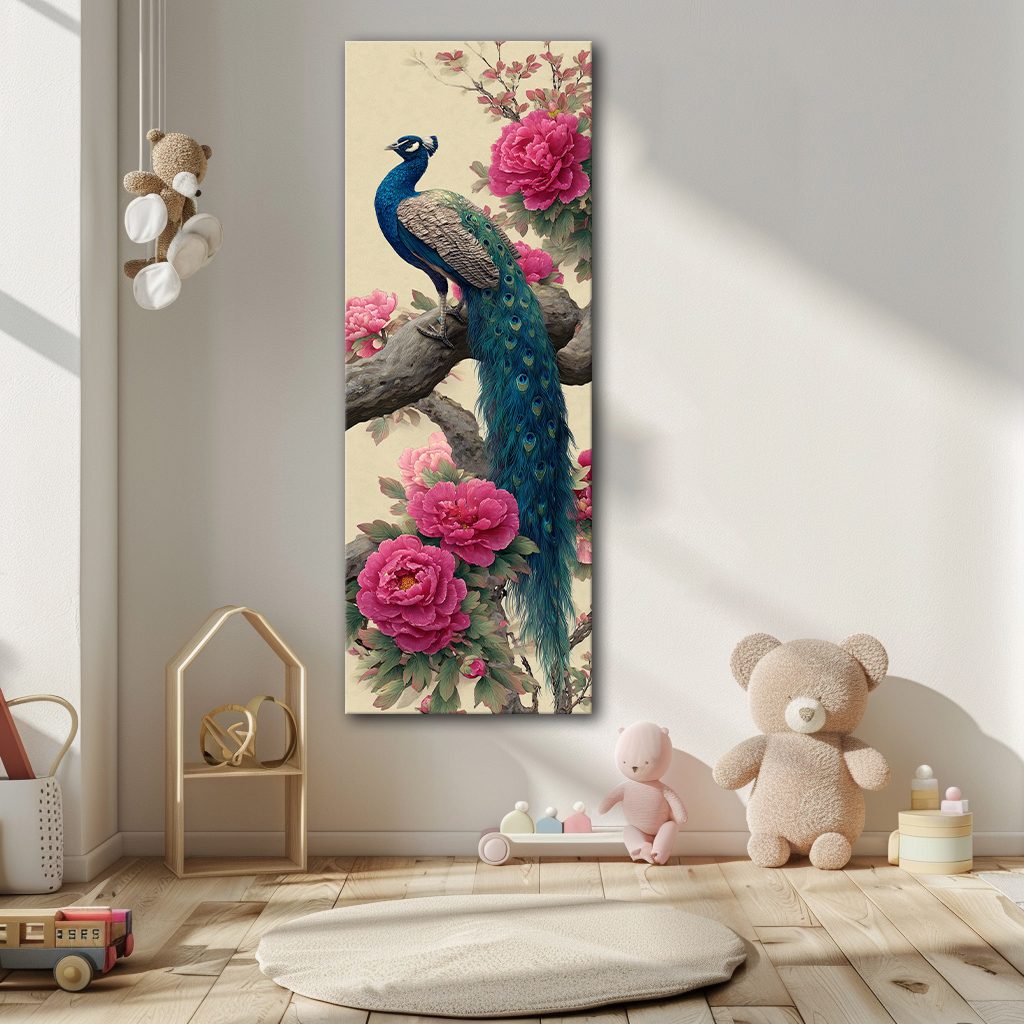 Peacock and Pink Peonies canvas wall art, unframed canvas