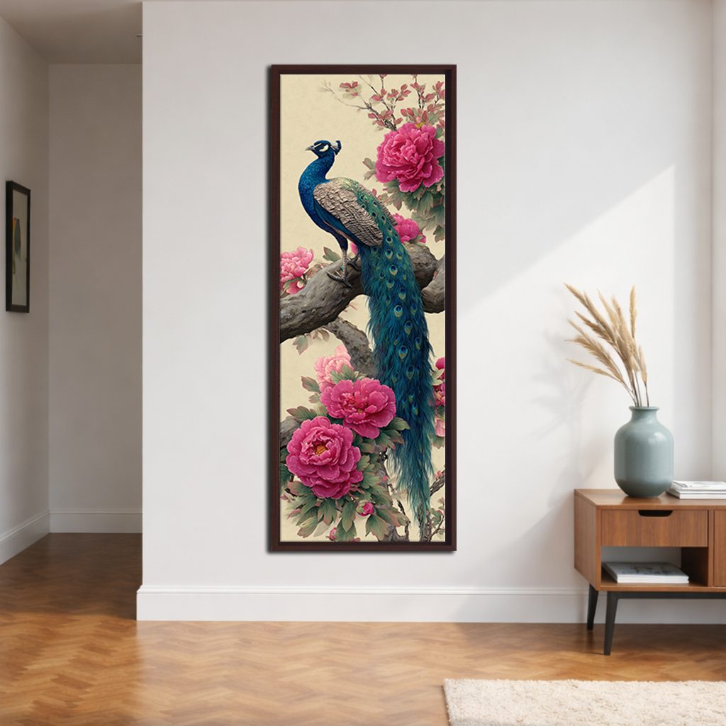 Peacock and Pink Peonies canvas wall art, walnut floating frame