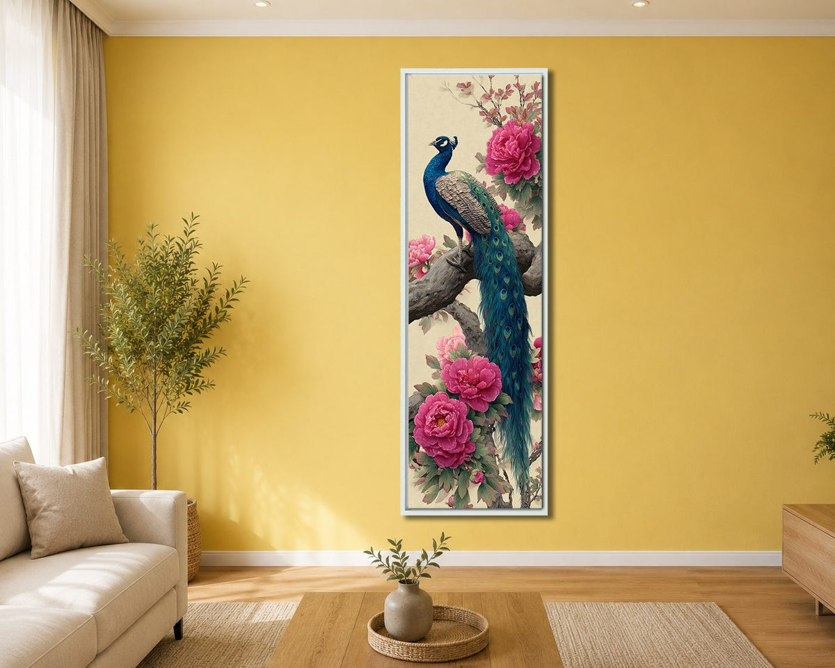 Peacock and Pink Peonies canvas wall art, white floating frame