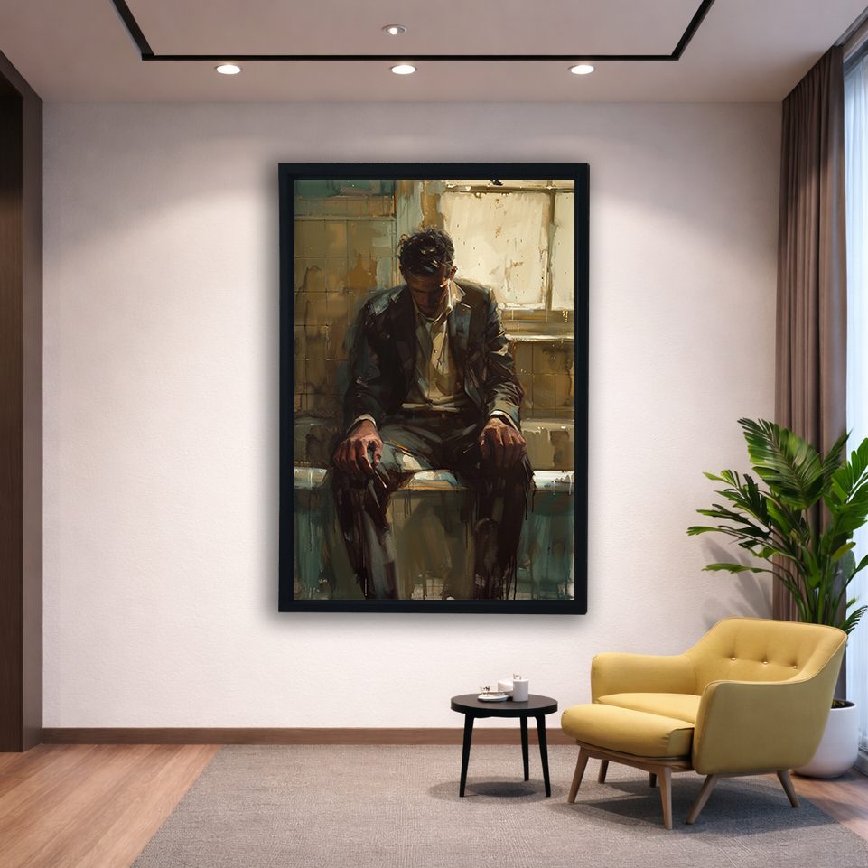 Pensive Man by the Window canvas wall art, black floating frame