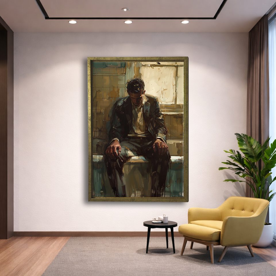Pensive Man by the Window canvas wall art, gold floating frame
