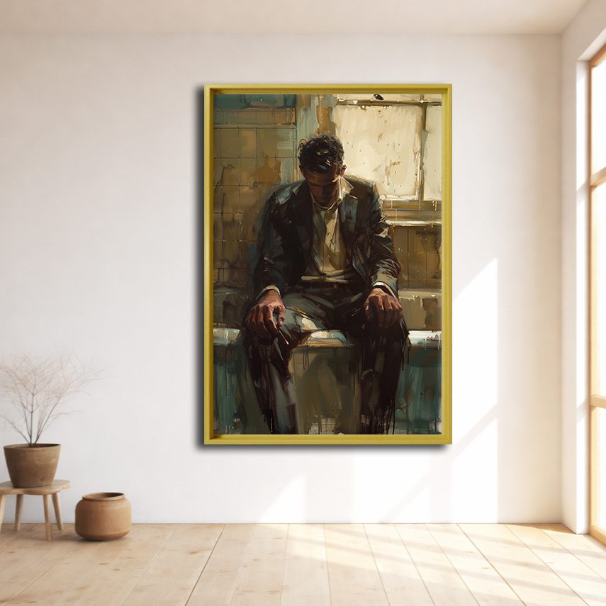 Pensive Man by the Window canvas wall art, natural wood floating frame
