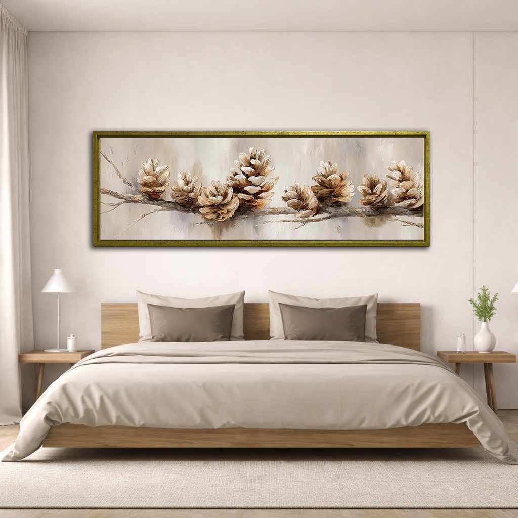 Pine Cones on Branch Neutral canvas wall art, antique gold floating frame
