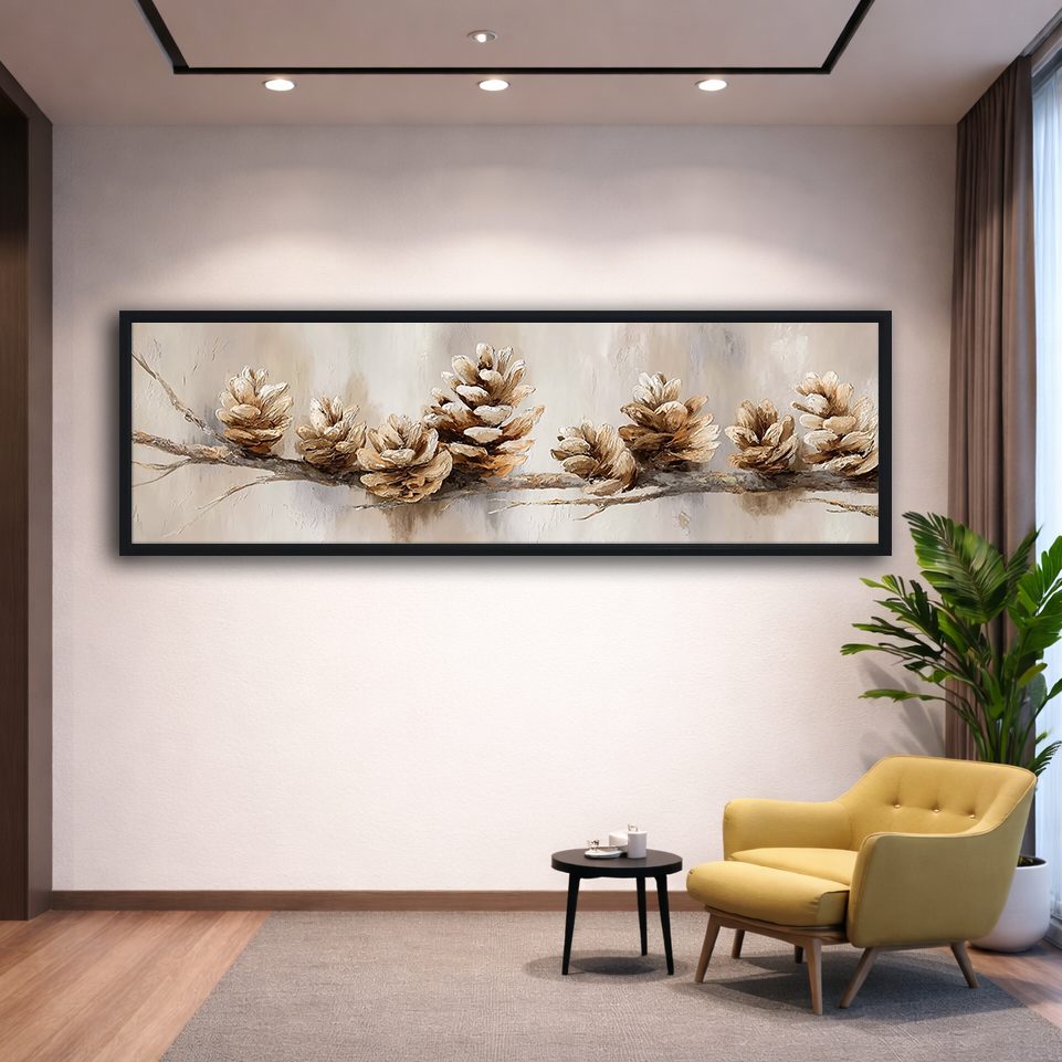 Pine Cones on Branch Neutral canvas wall art, black floating frame