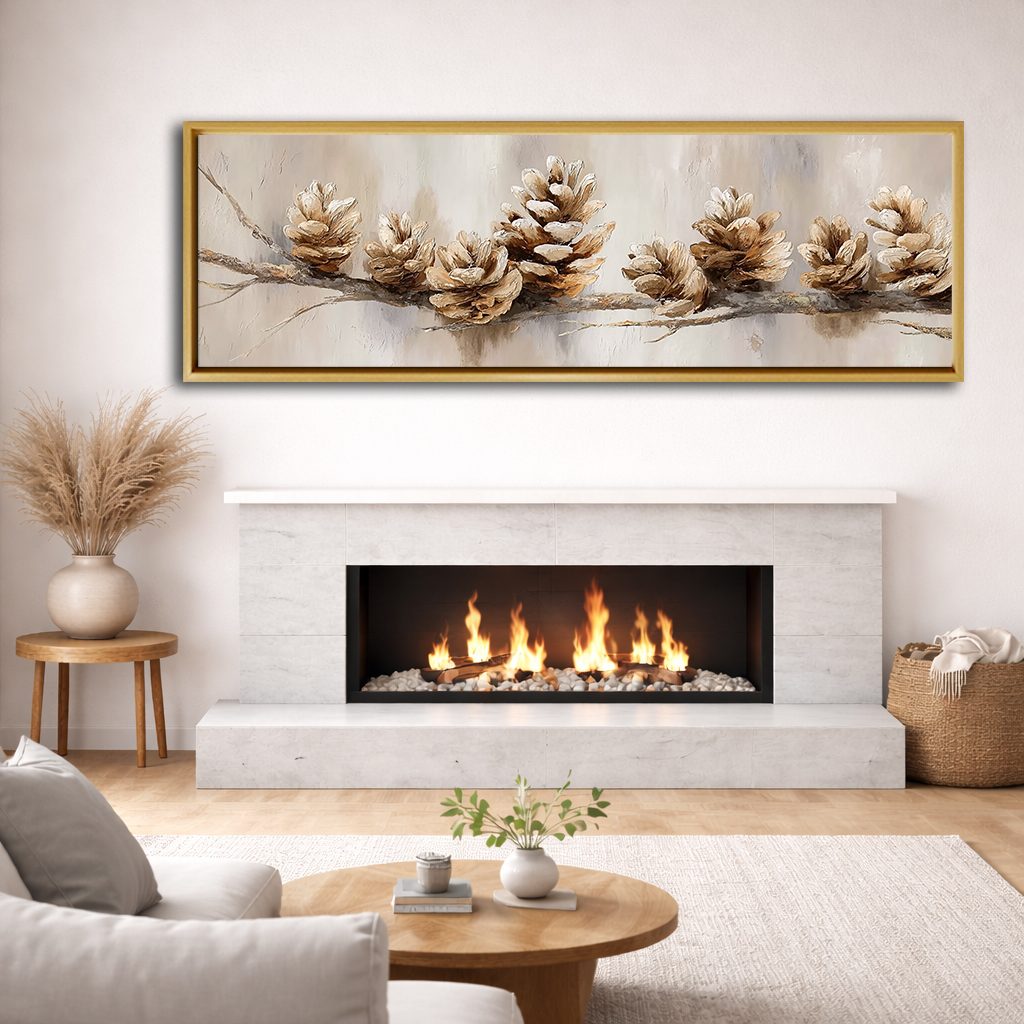 Pine Cones on Branch Neutral canvas wall art, natural wood floating frame