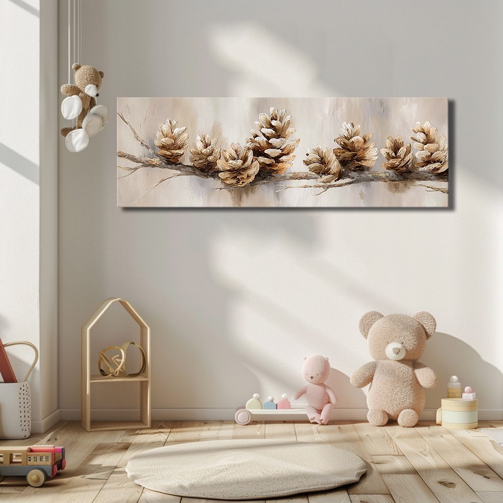 Pine Cones on Branch Neutral canvas wall art, unframed canvas