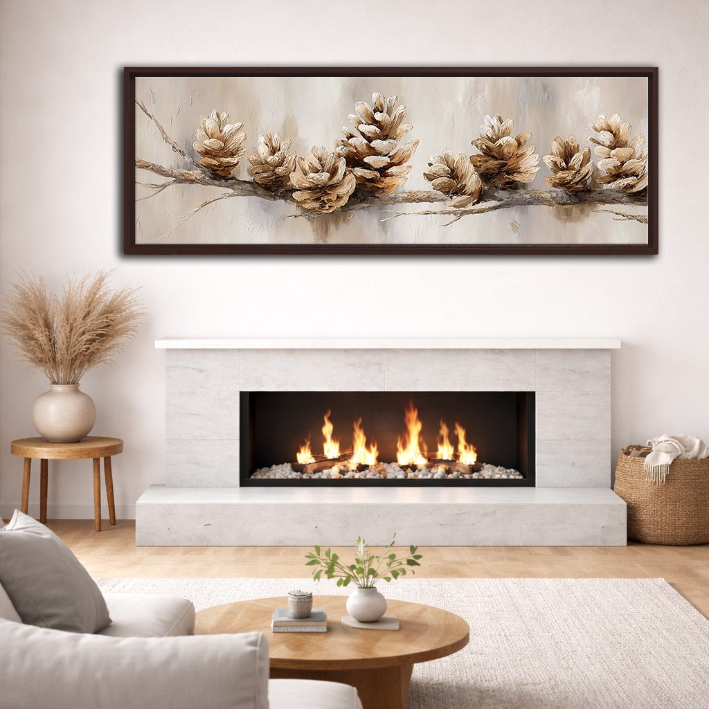 Pine Cones on Branch Neutral canvas wall art, walnut floating frame