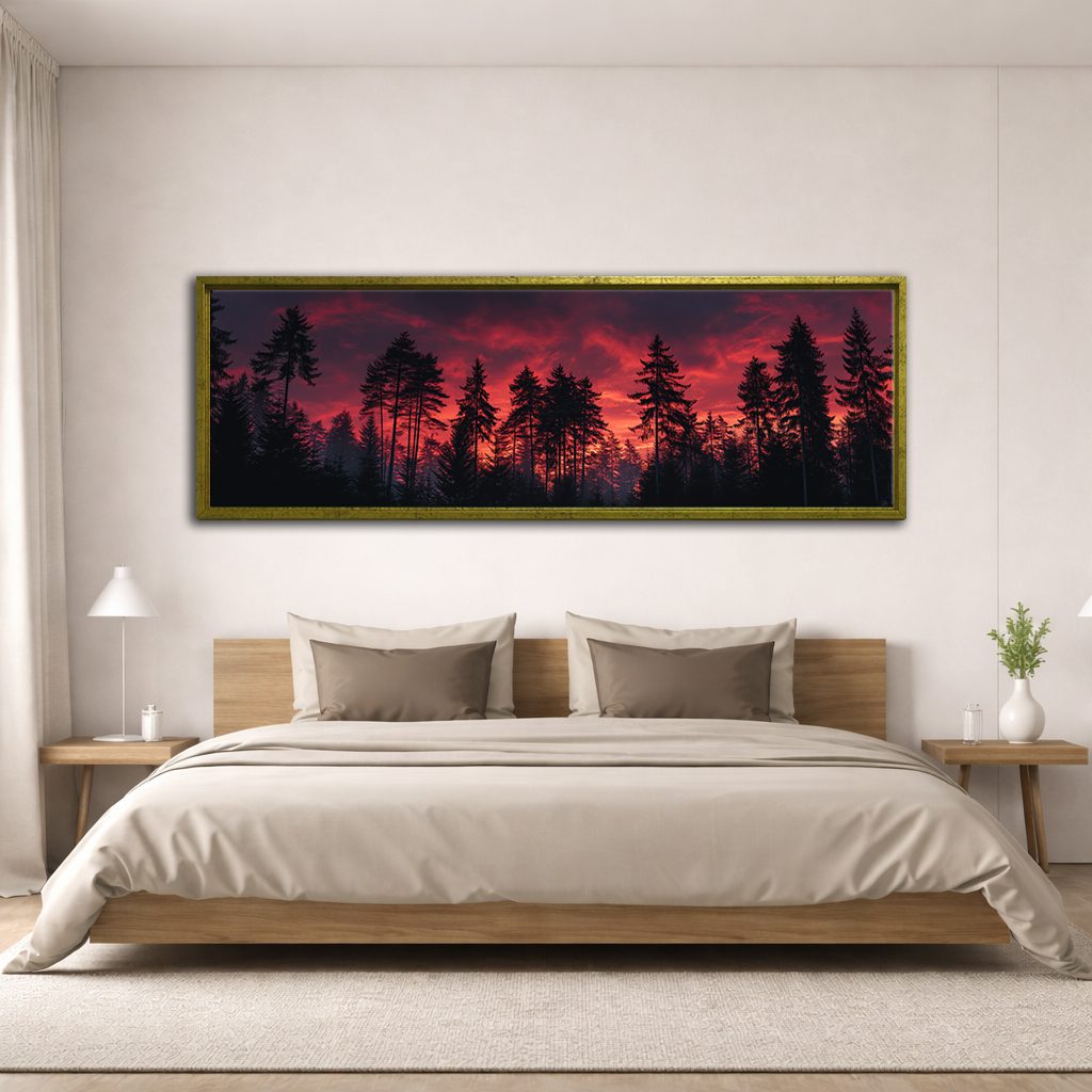 Pine Forest Under Red Sky canvas wall art, antique gold floating frame
