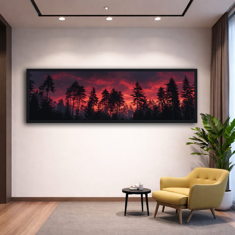 Pine Forest Under Red Sky canvas wall art, black floating frame