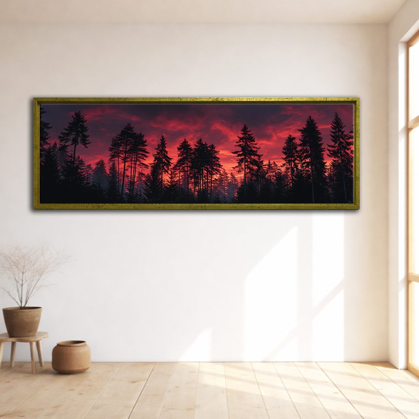 Pine Forest Under Red Sky canvas wall art, gold floating frame