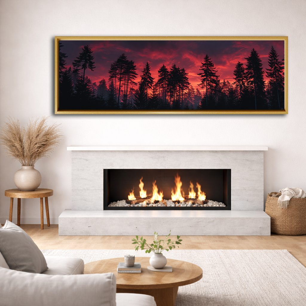 Pine Forest Under Red Sky canvas wall art, natural wood floating frame