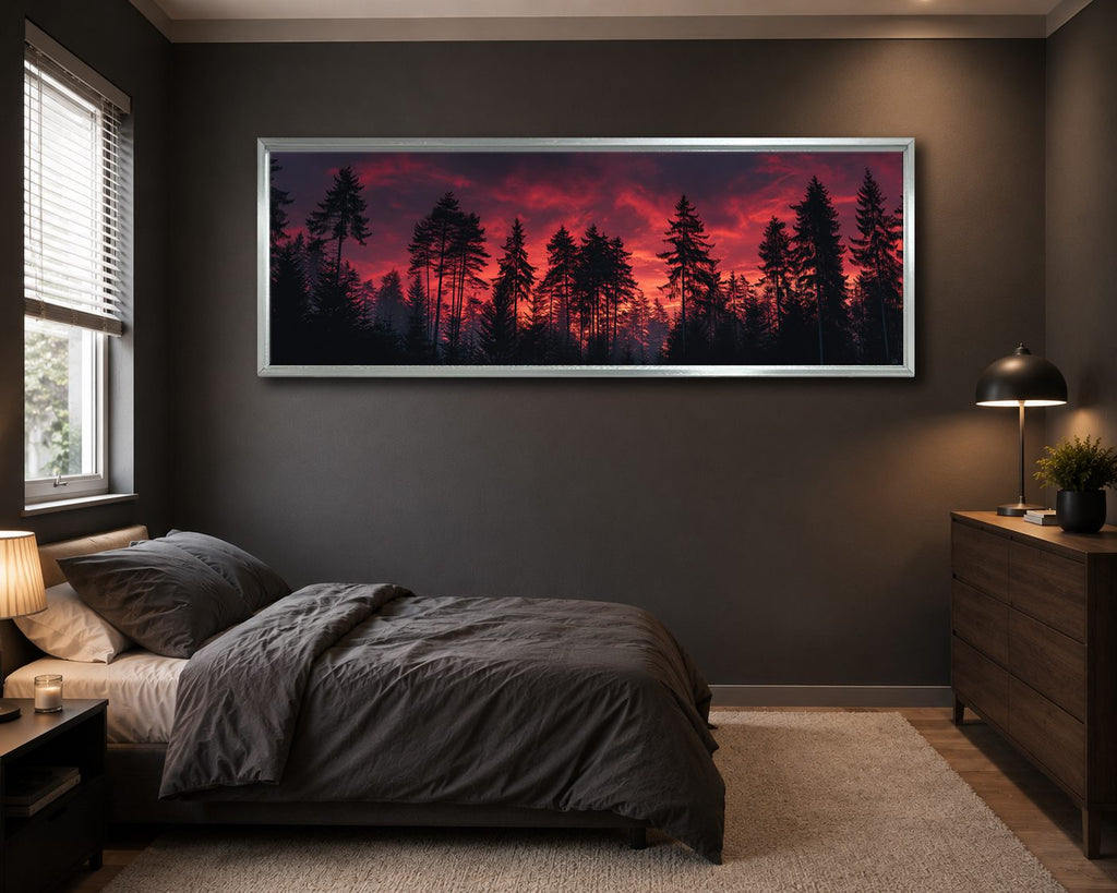 Pine Forest Under Red Sky canvas wall art, silver floating frame