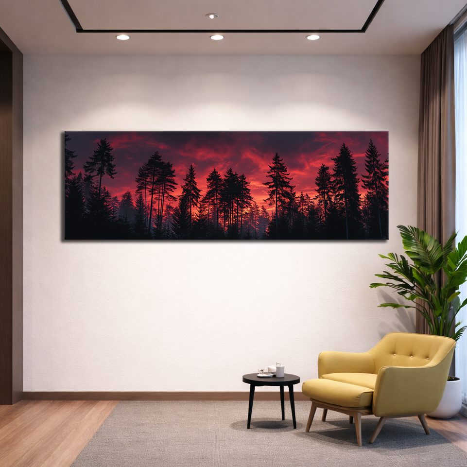 Pine Forest Under Red Sky canvas wall art, unframed canvas