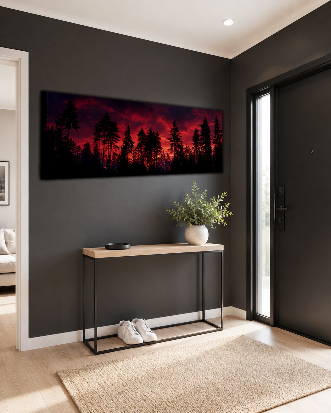 Pine Forest Under Red Sky canvas wall art, unframed canvas