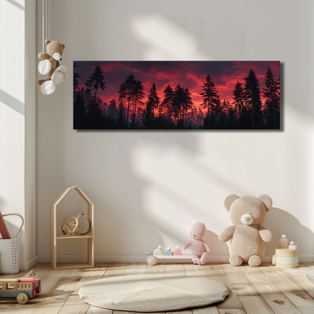 Pine Forest Under Red Sky canvas wall art, unframed canvas