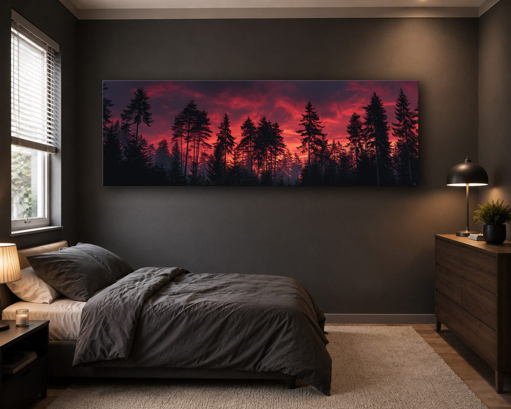 Pine Forest Under Red Sky canvas wall art, unframed canvas