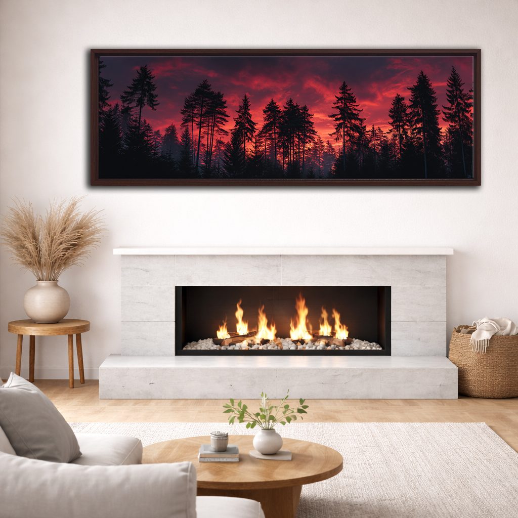 Pine Forest Under Red Sky canvas wall art, walnut floating frame