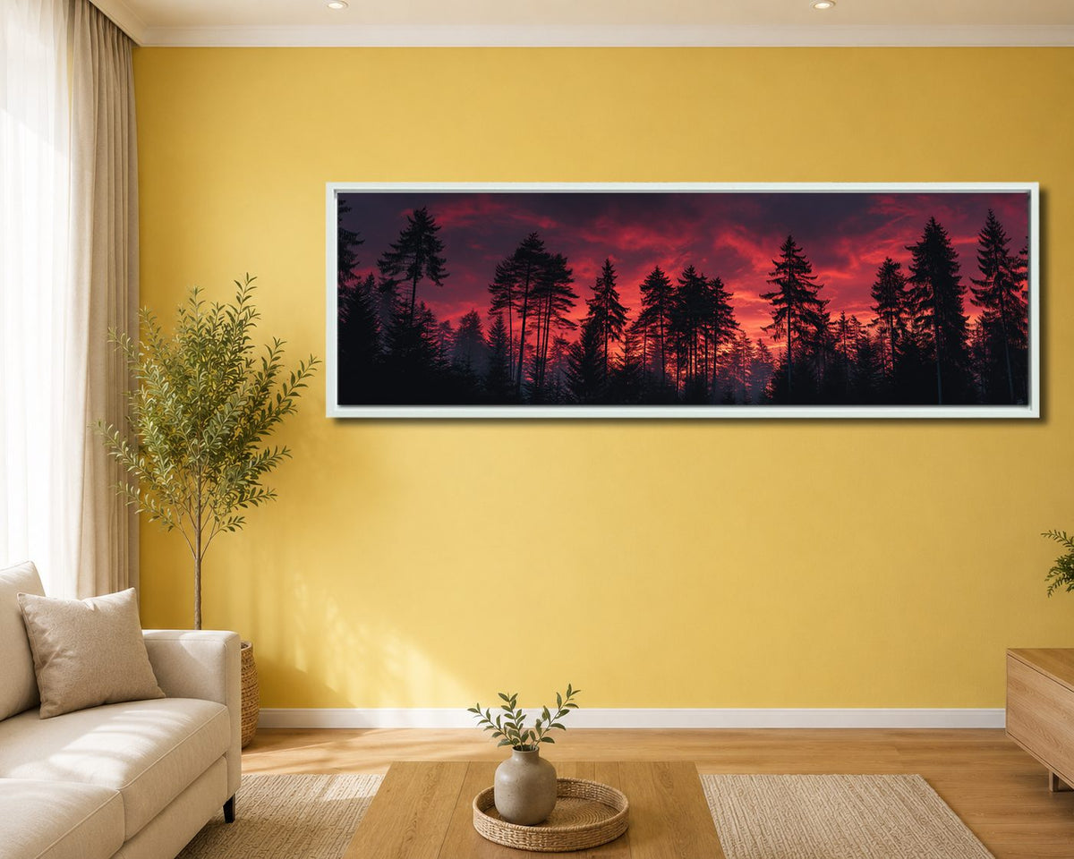 Pine Forest Under Red Sky canvas wall art, white floating frame
