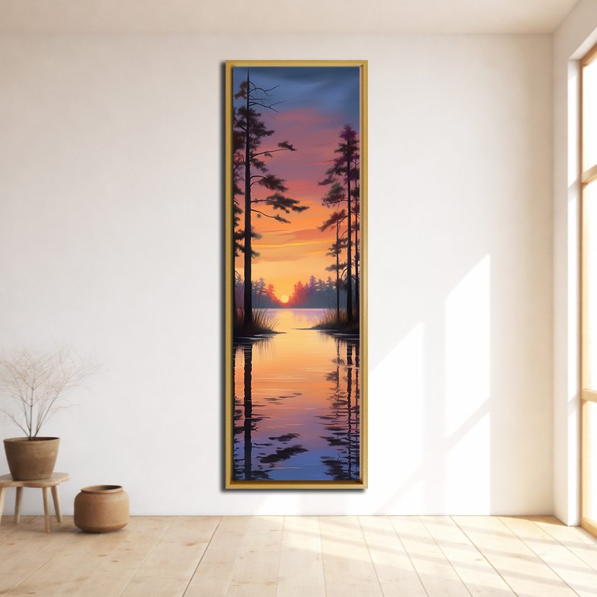 Pine Lake Sunset Reflection canvas wall art, natural wood floating frame