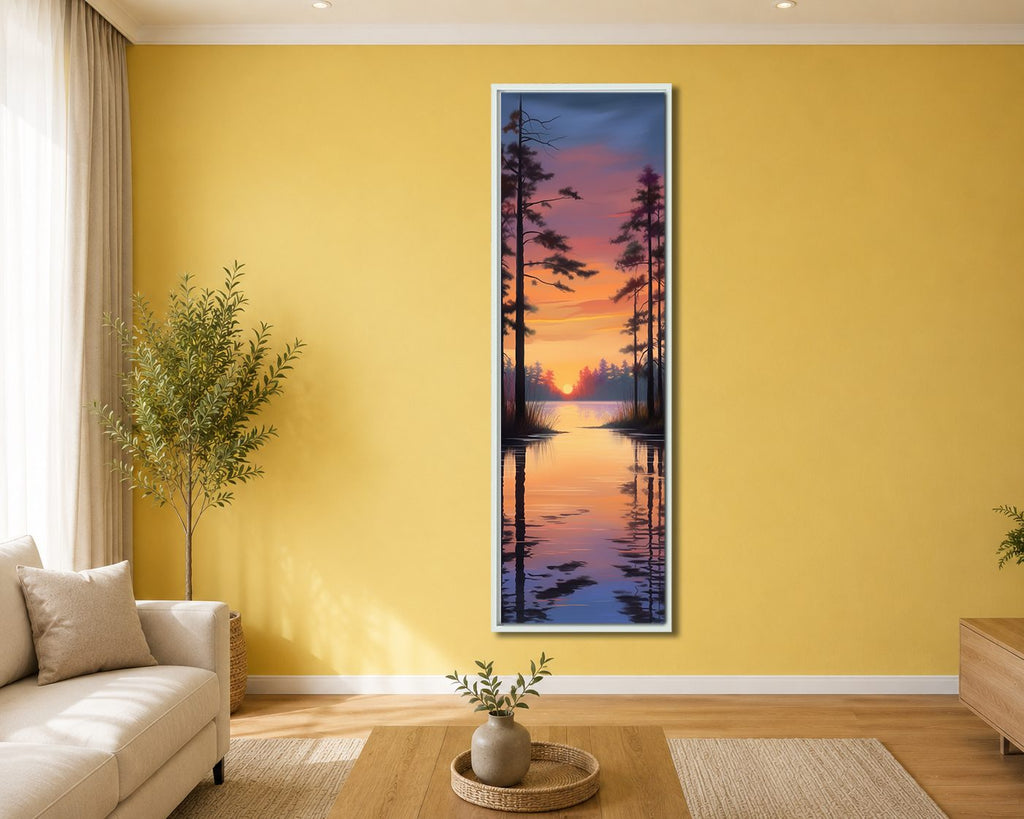 Pine Lake Sunset Reflection canvas wall art, white floating frame