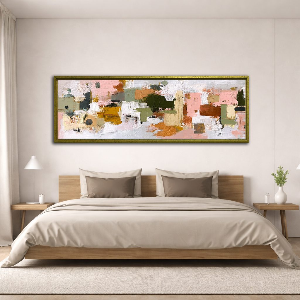 Pink and Olive Color Block Abstract canvas wall art, antique gold floating frame