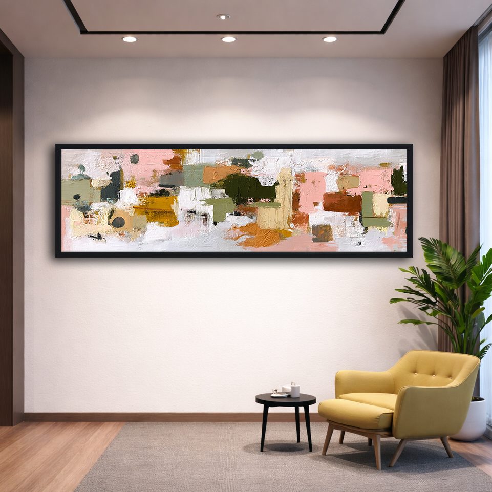 Pink and Olive Color Block Abstract canvas wall art, black floating frame