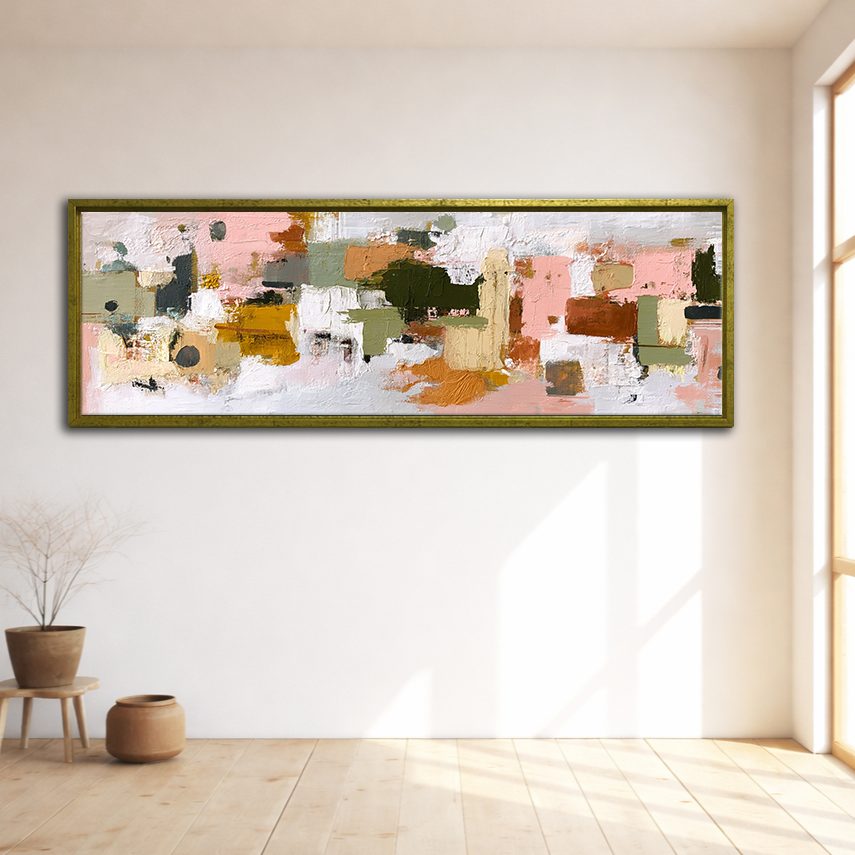 Pink and Olive Color Block Abstract canvas wall art, gold floating frame