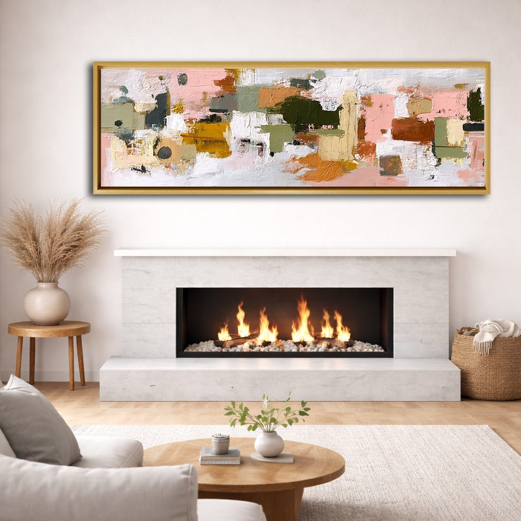 Pink and Olive Color Block Abstract canvas wall art, natural wood floating frame