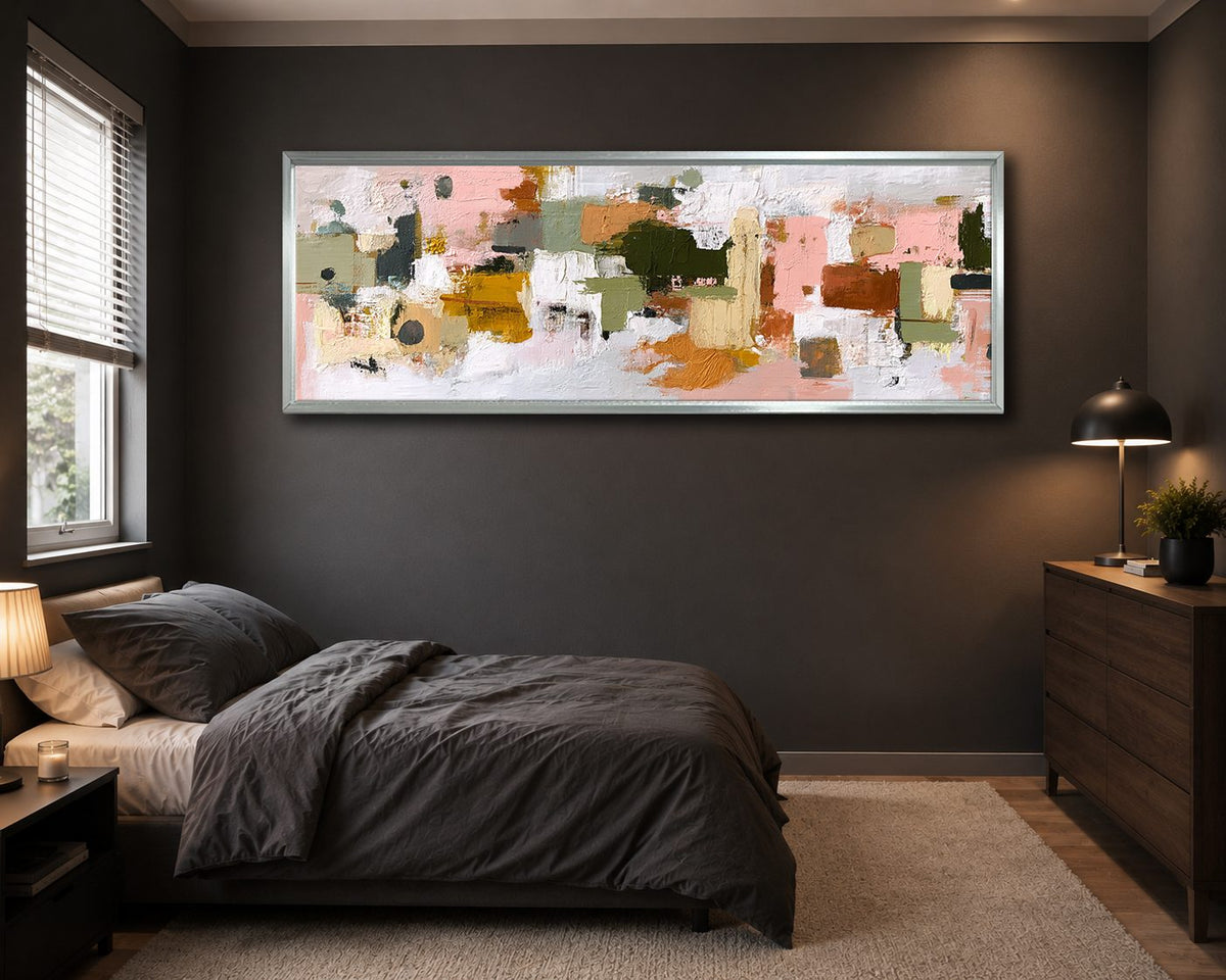 Pink and Olive Color Block Abstract canvas wall art, silver floating frame