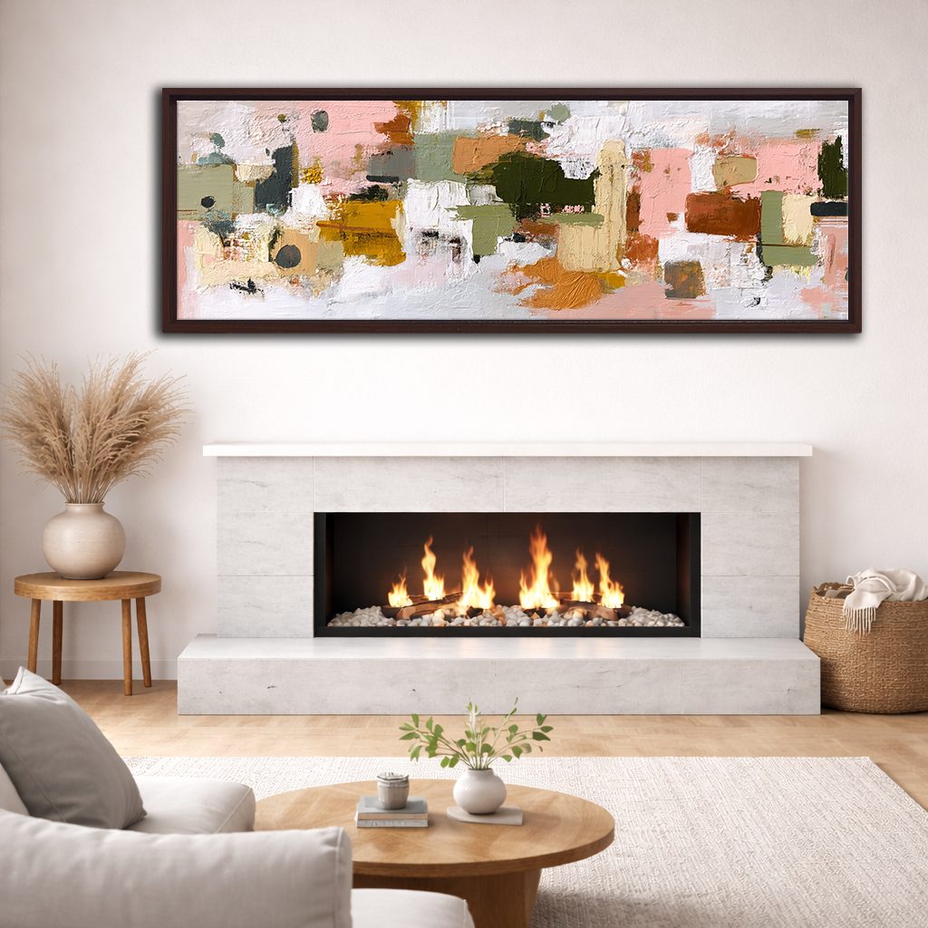 Pink and Olive Color Block Abstract canvas wall art, walnut floating frame