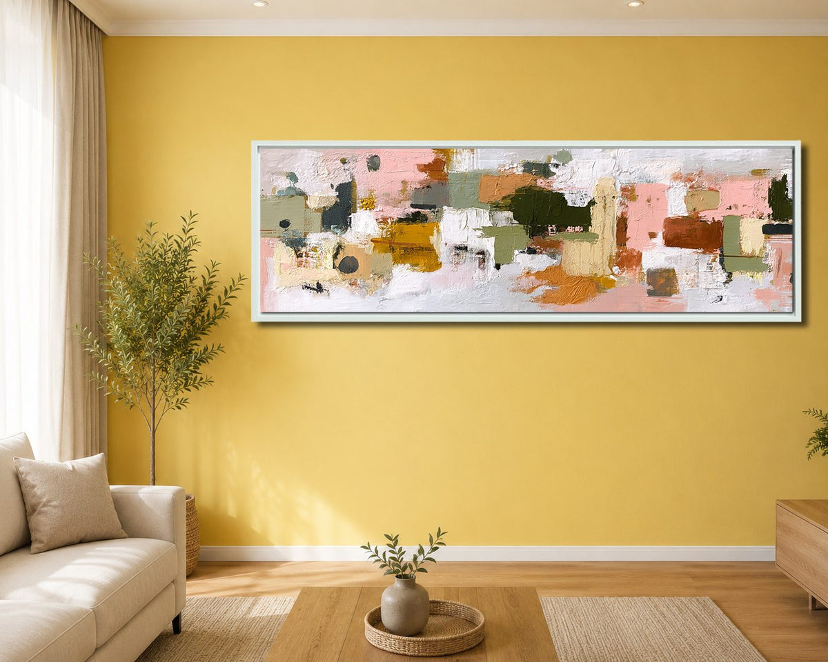 Pink and Olive Color Block Abstract canvas wall art, white floating frame