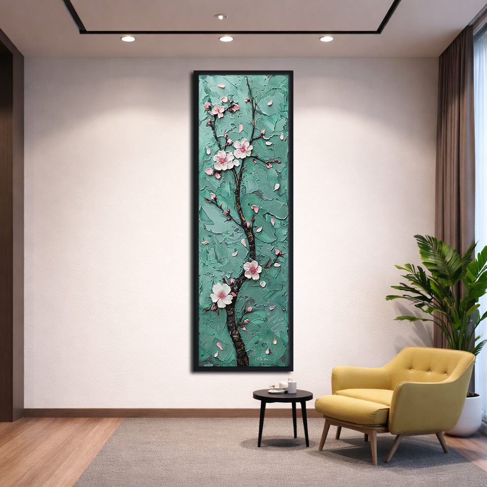 Pink Cherry Blossom on Teal canvas wall art, black floating frame