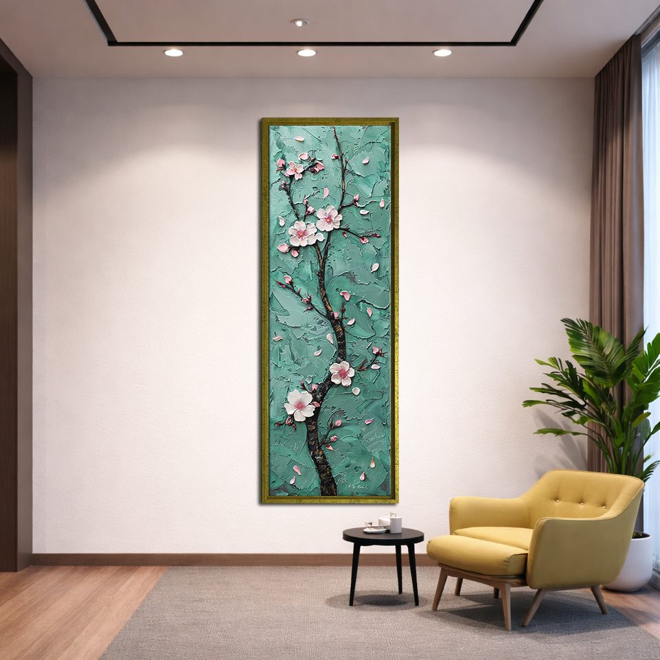 Pink Cherry Blossom on Teal canvas wall art, gold floating frame