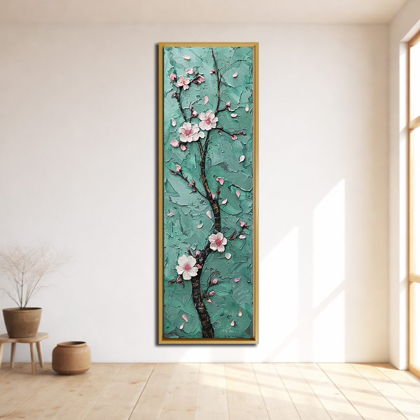 Pink Cherry Blossom on Teal canvas wall art, natural wood floating frame