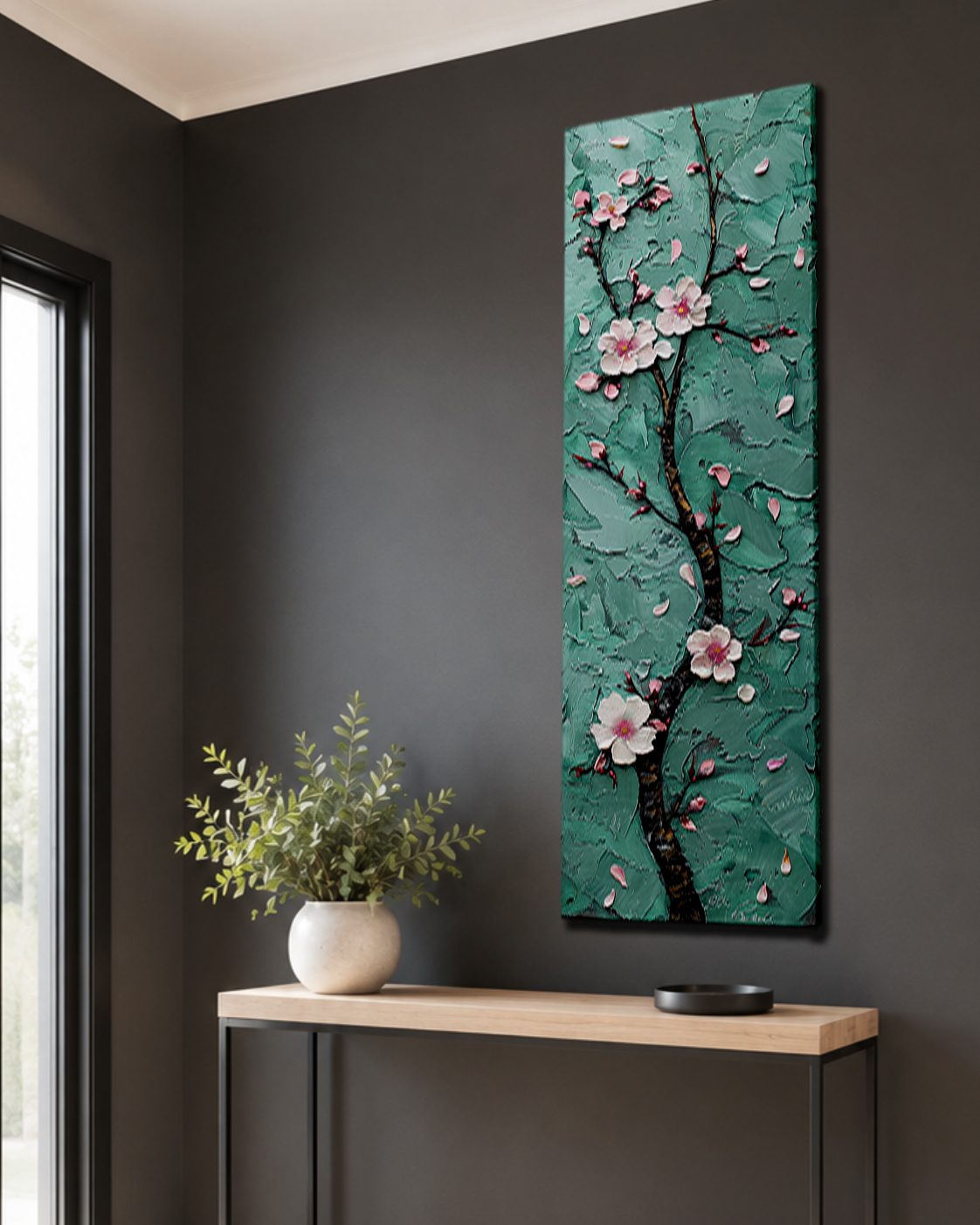 Pink Cherry Blossom on Teal canvas wall art, unframed canvas