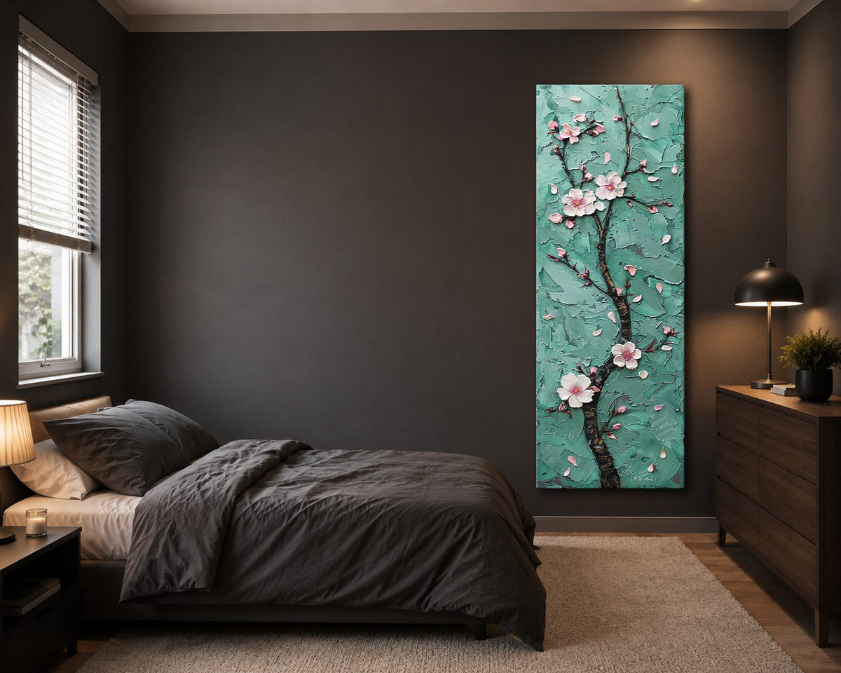 Pink Cherry Blossom on Teal canvas wall art, unframed canvas