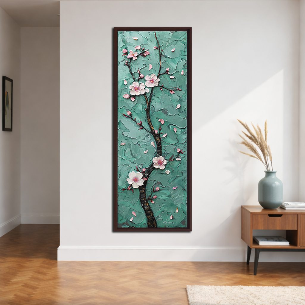 Pink Cherry Blossom on Teal canvas wall art, walnut floating frame