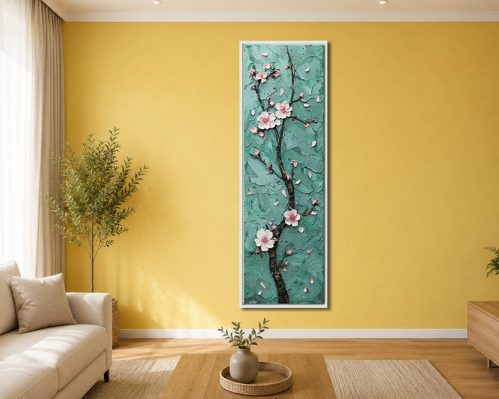Pink Cherry Blossom on Teal canvas wall art, white floating frame