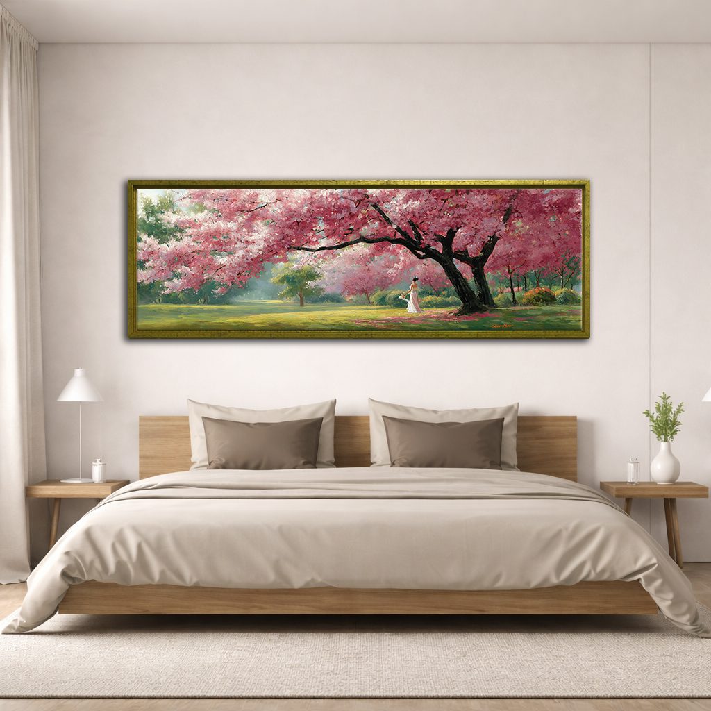 Pink Cherry Blossom Tree Park canvas wall art, antique gold floating frame