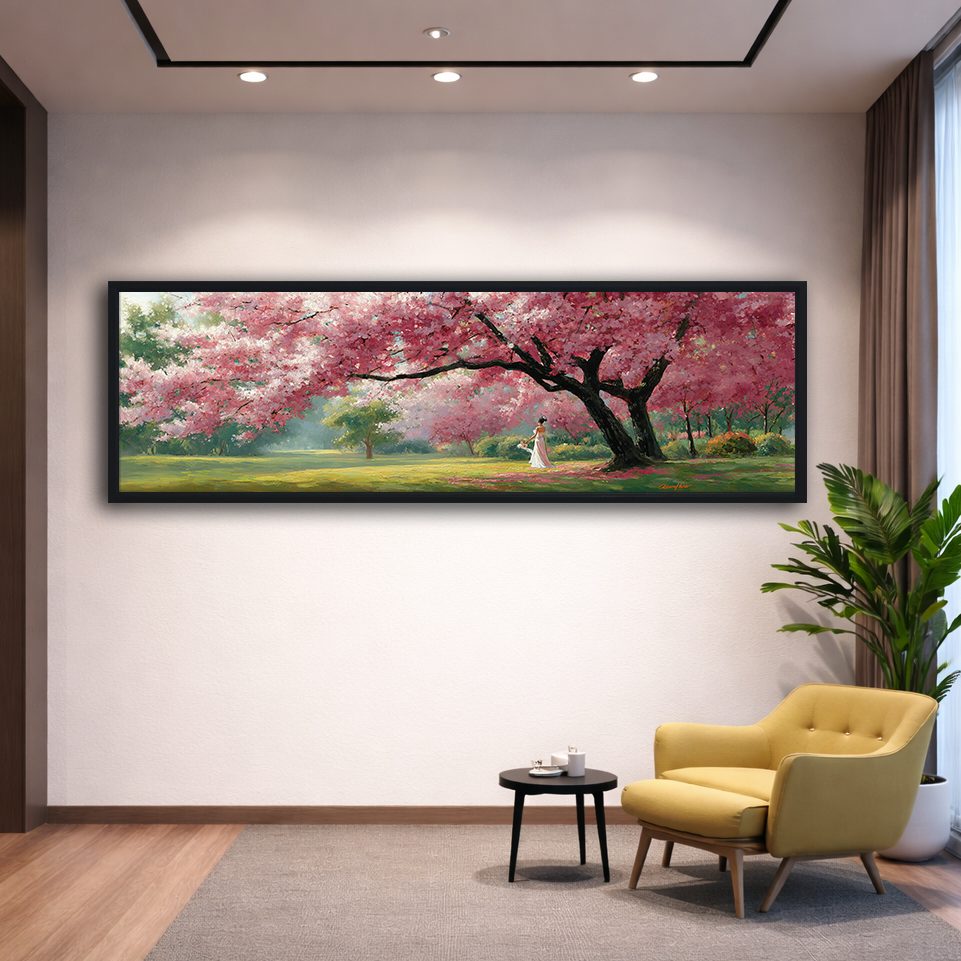 Pink Cherry Blossom Tree Park canvas wall art, black floating frame