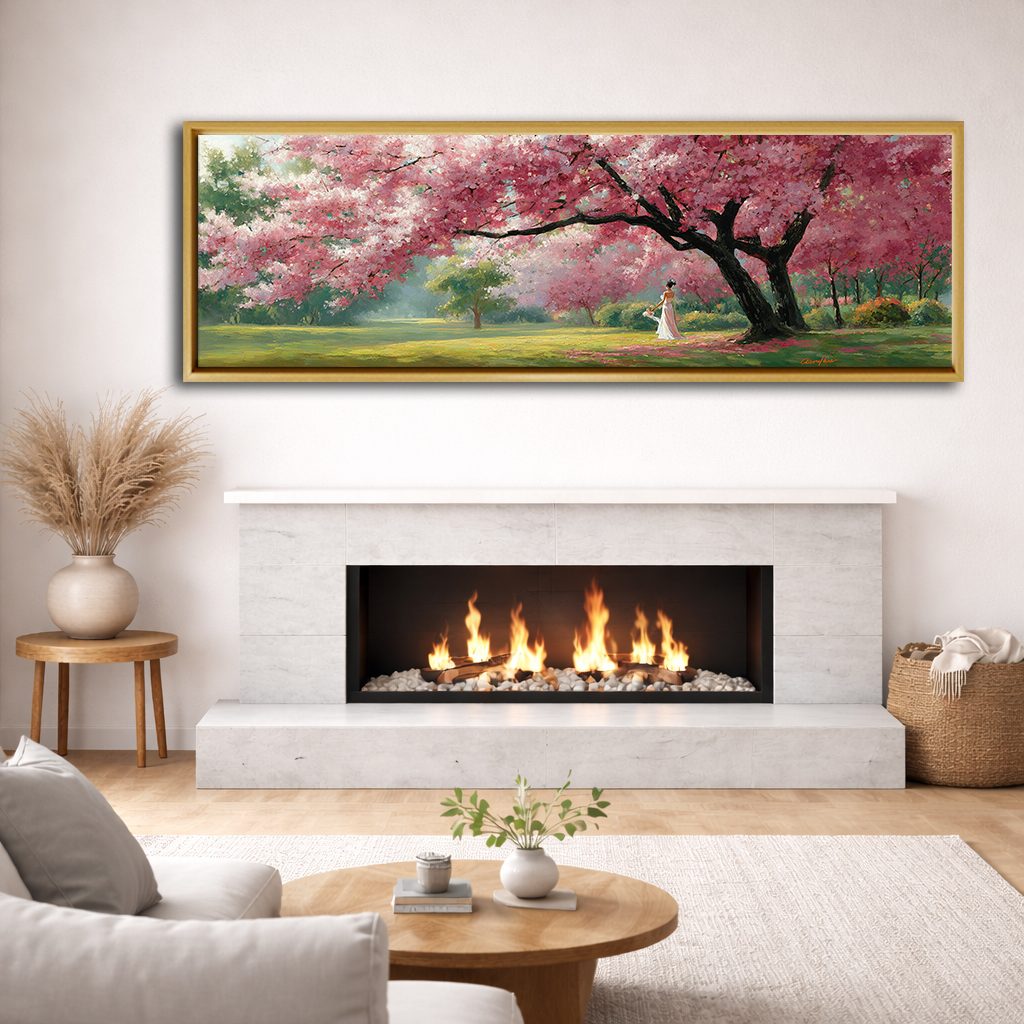 Pink Cherry Blossom Tree Park canvas wall art, natural wood floating frame