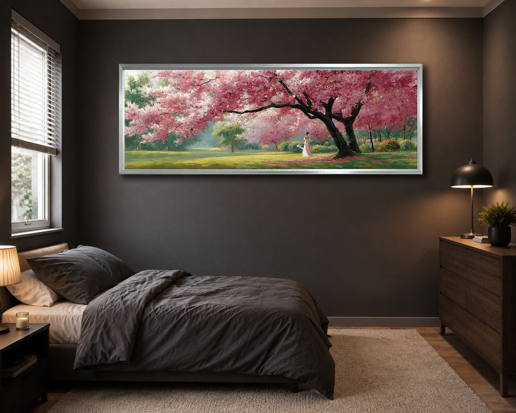 Pink Cherry Blossom Tree Park canvas wall art, silver floating frame